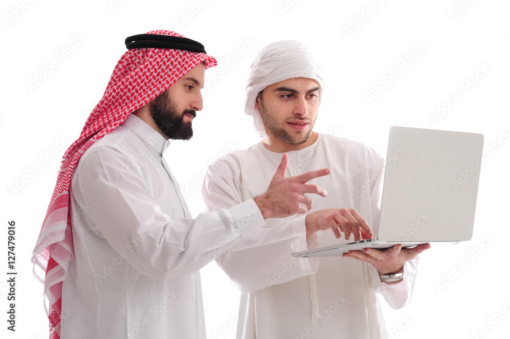 Two Arabian Businessmen holding a notebook discussing work over a white background, business concept