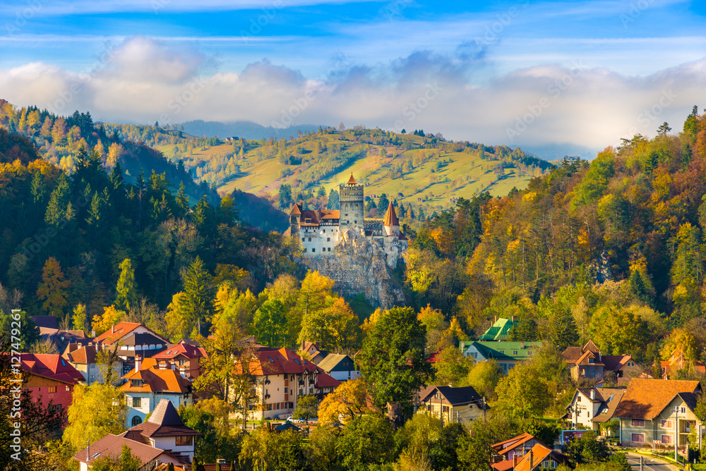 Panoramic view over Dracula medieval Castle Bran in autumn season, the most visited tourist attraction of  Brasov, Transylvania, Romania