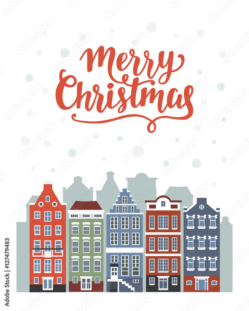 Merry Christmas greeting card with winter Amsterdam houses