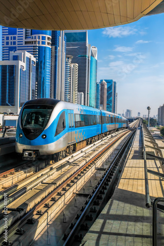 Metro train on the Red line in Dubai, United Arab Emirates