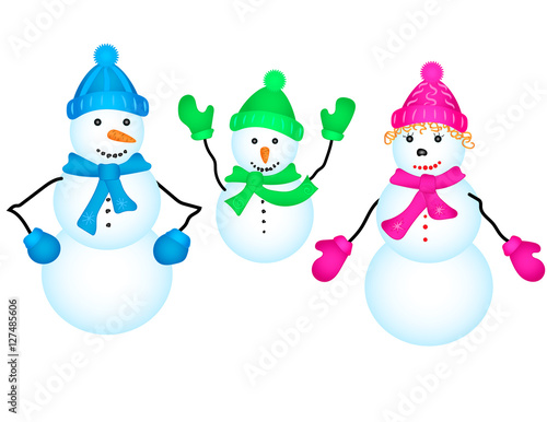 vector illustration family white round caps snowmen with carrots mittens blue pink green on white background