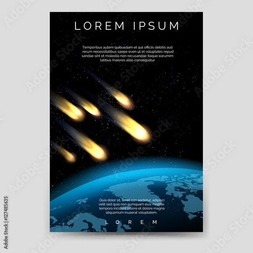 Brochure flyer template with meteor shower and globe map vector, A6 size