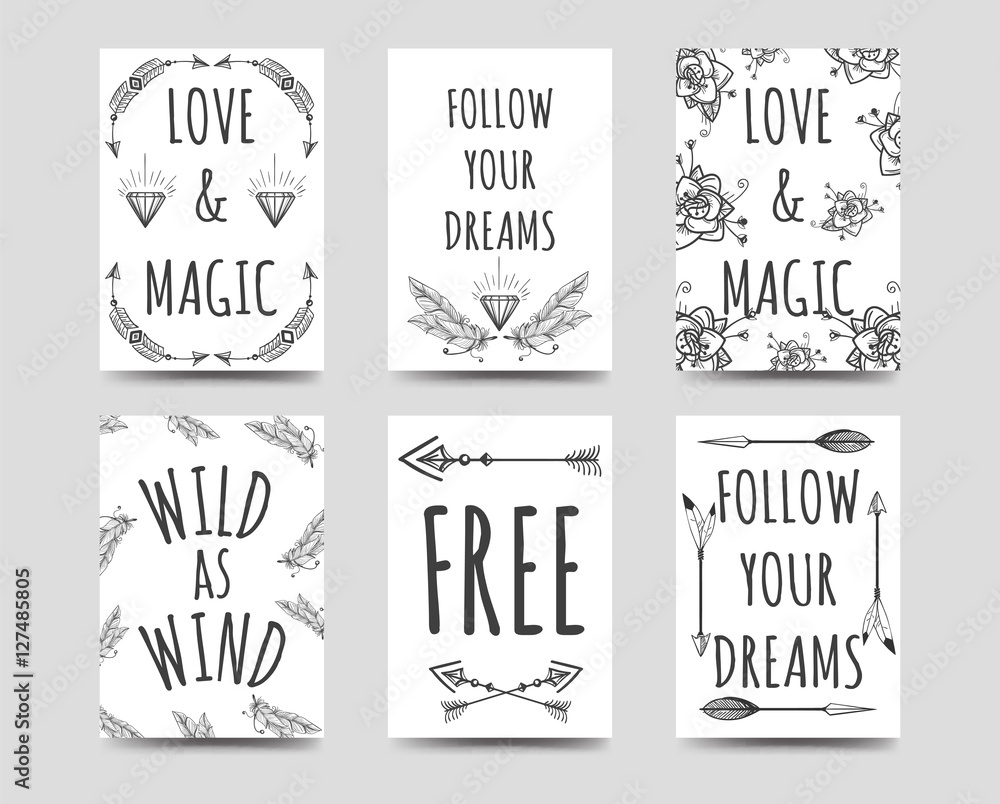 Boho style cards collection with hand drawn arrows flowers feathers and lettering vector