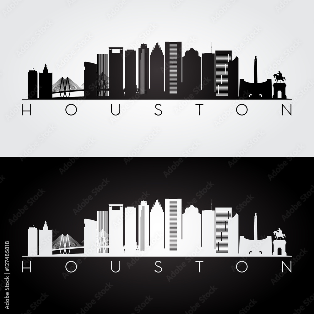 Houston USA skyline and landmarks silhouette, black and white design, vector illustration.