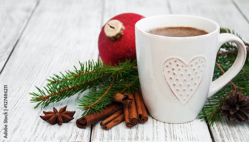 Cup of coffee and christmas decoration Cup of coffee and christmas decoration