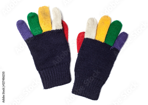 Kinder Handschuhe mit bunten Finger, Stoff Textur Hintergrund Ba