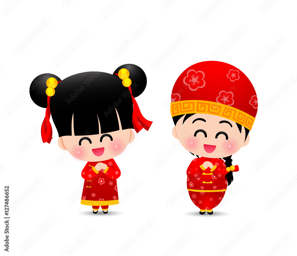 Chinese boy and chinese girl cartoon have smile and happy for ha Stock  Vector | Adobe Stock