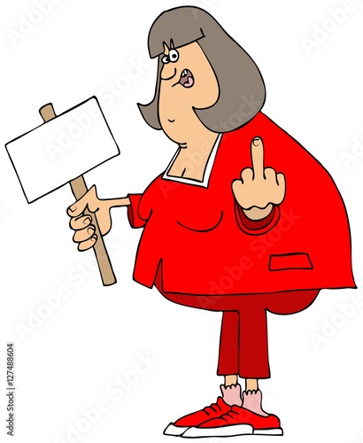 Billede på lærred Illustration of a chubby, angry woman holding a sign and flipping the bird