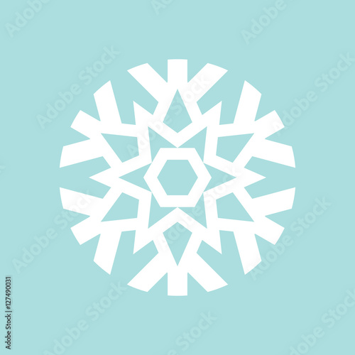 Flat snowflake icon, white on blue background