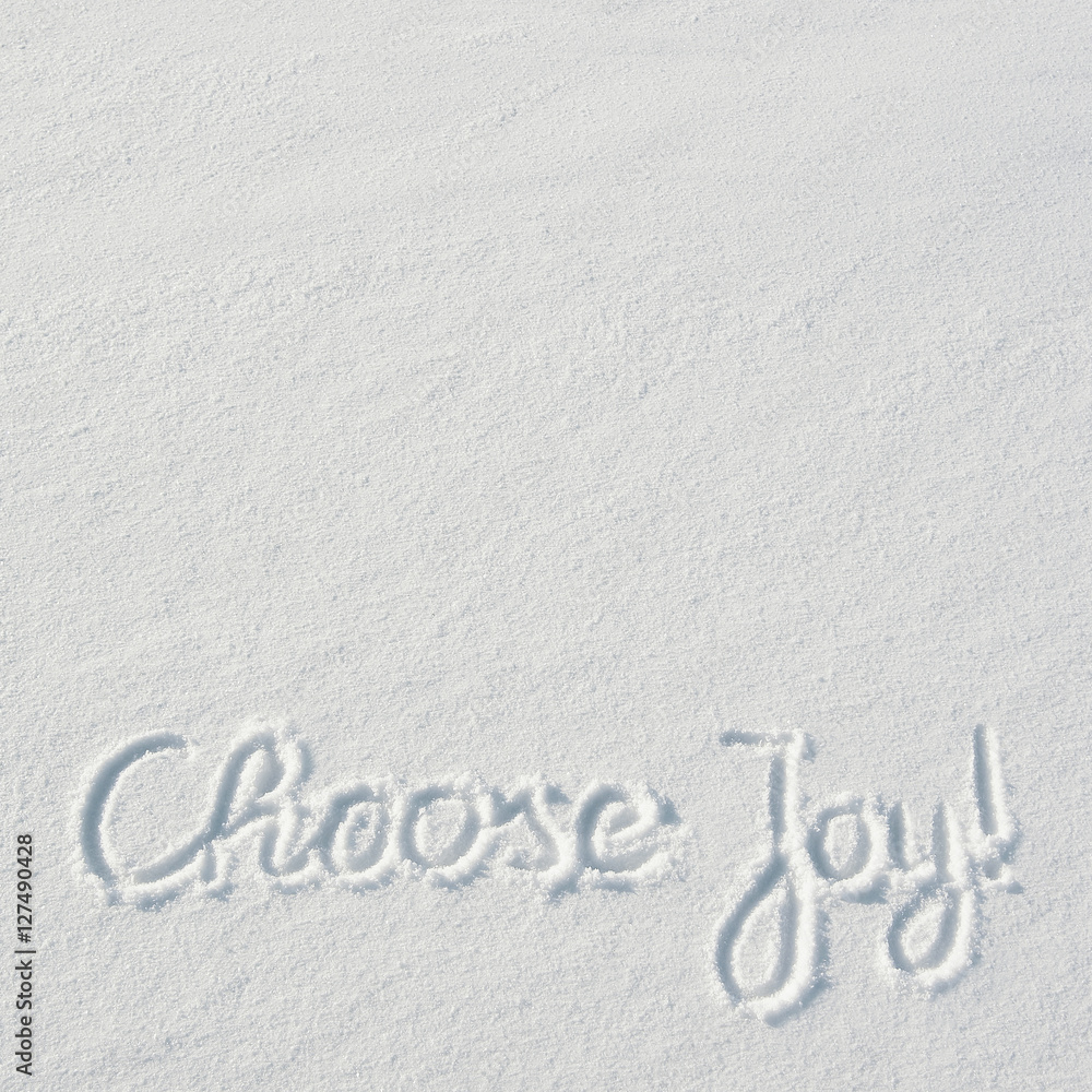 Beautiful Choose Joy letters calligraphy handdrawn on flat snow surface. Nice Christmas holiday square postcard, greeting card template. Empty space for copy, text, lettering. Beautiful Choose Joy letters calligraphy handdrawn on flat snow surface. Nice Christmas holiday square postcard, greeting card template. Empty space for copy, text, lettering.