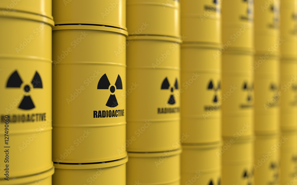 3D rendering of yellows barrels containing radioactive material 