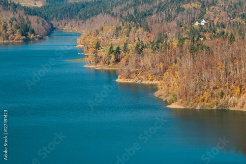  Panoramic view of Lokvarsko lake, beautiful mountain autumn landscape, Lokve, Gorski kotar, Croatia 