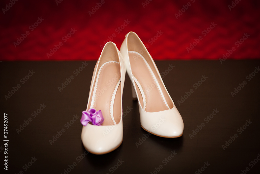 Elegant and stylish bridal shoes on dark background. Wedding concept Elegant and stylish bridal shoes on dark background. Wedding concept