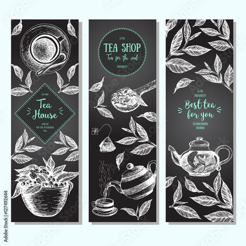 Tea shop banner set. Vertical banner collection for tea design. Linear graphic. Vector illustration.