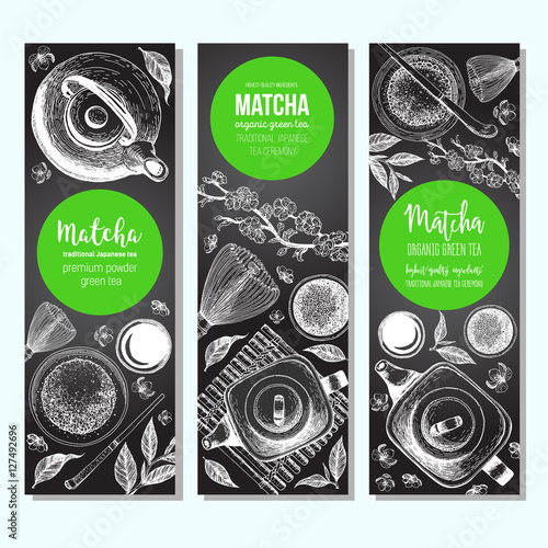 Vector illustration for Tea Shop. Vintage banner collection. Japanese traditions of tea ceremony. Matcha tea. Vintage elements for design. Matcha vector Illustration.