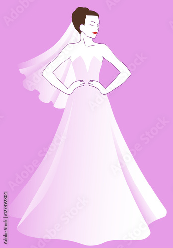 Vector background with a beautiful young bride in wedding dress