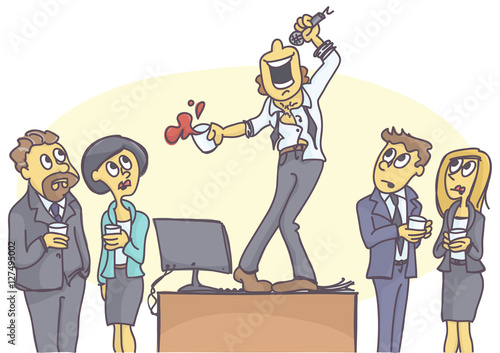 Drunken man standing on the table and singing karaoke at the office party, colleagues looking at him stunned.