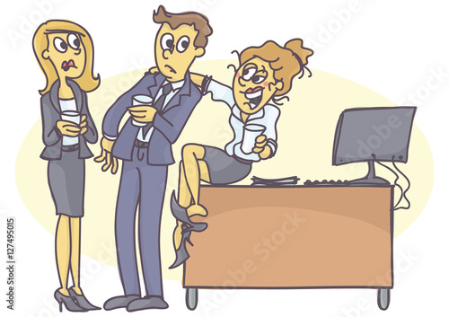 Drunken woman at the office party, harassing her manager or coworker.