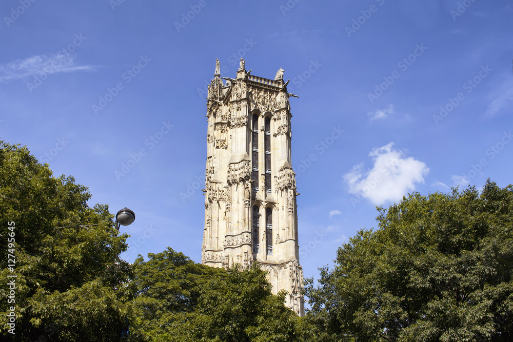 View of Saint-Jacques Tower in Paris. The only remaining part of a 16th-century church that was destroyed during the French Revolution. View of Saint-Jacques Tower in Paris. The only remaining part of a 16th-century church that was destroyed during the French Revolution.