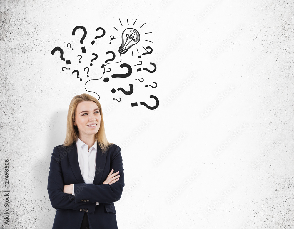 Blond woman with crossed arms and light bulb with question marks Blond woman with crossed arms and light bulb with question marks