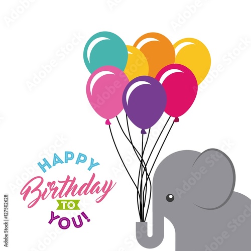 happy birthday card with cute elephant animal with colorful balloons over white background. vector illustration