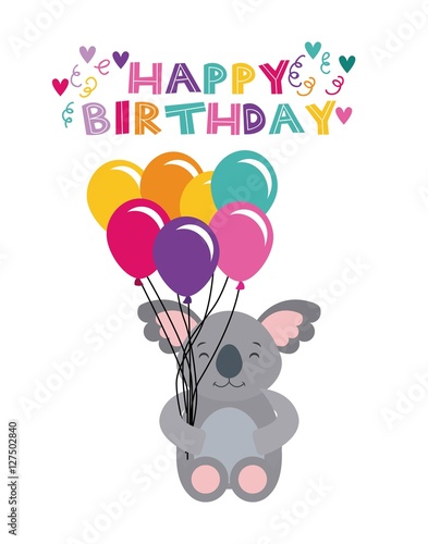 happyy birthday card with cute koala animal with colorful balloons over white background. vector illustration
