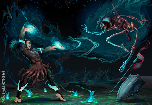 Fighting scene between magician and skeleton