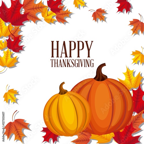 happy thanksgiving card with pumpkins and decorative dry leaves. colorful design. vector illustration