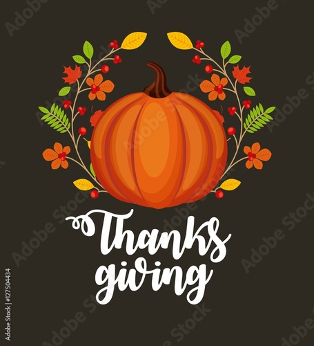 happy thanksgiving card with decorative pumpkin icons and wreath of autumn leaves. colorful design. vector illustration
