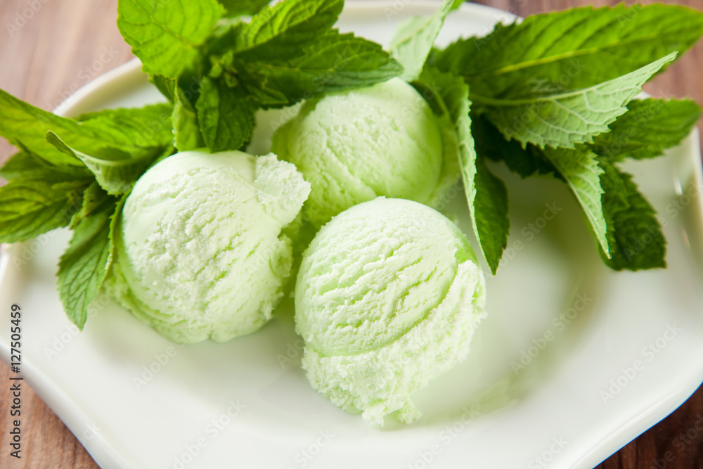 mint ice cream in a plate on a table, selective focus mint ice cream in a plate on a table, selective focus