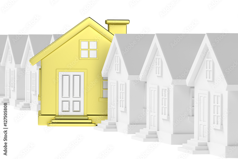Golden unique house standing out from row of gray houses. Golden unique house standing out from row of gray houses.