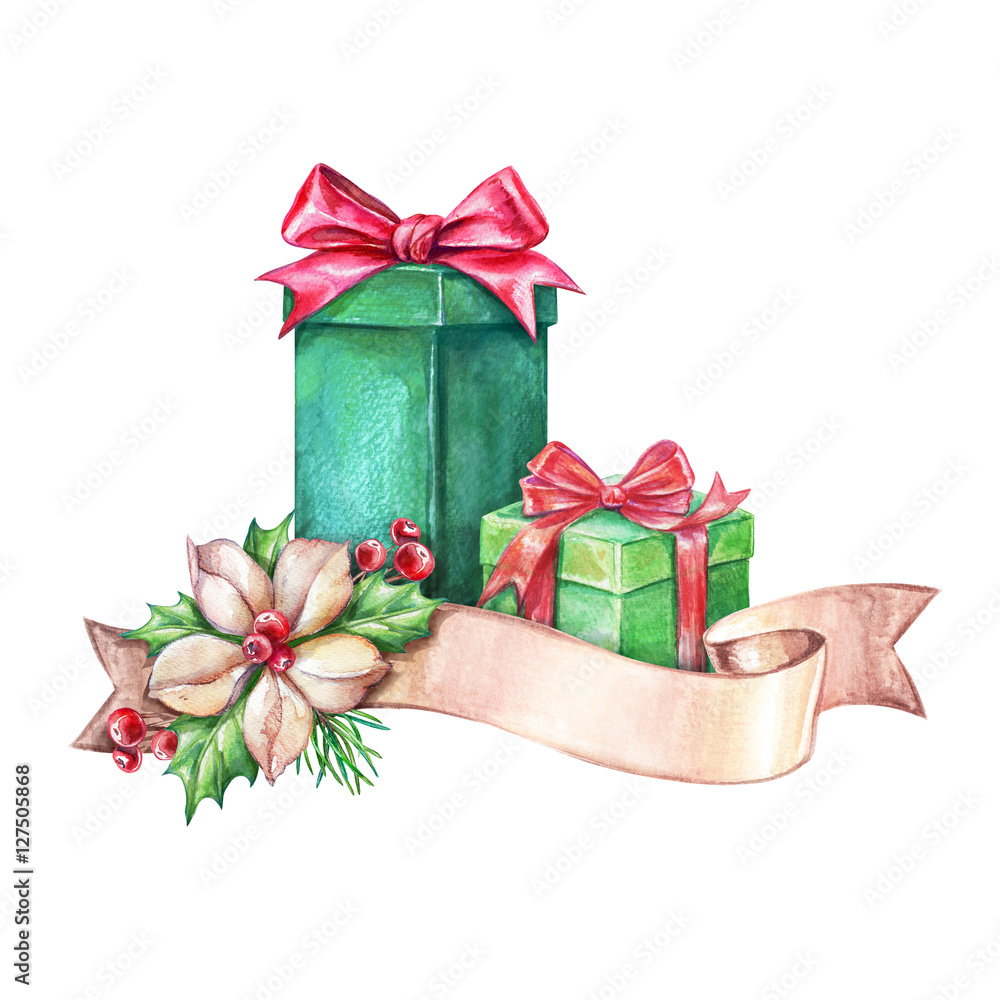 Watercolor Illustration, Christmas Gifts, Festive Ribbon Tag, Clip Art  Isolated On White Background Stock Photo | Adobe Stock