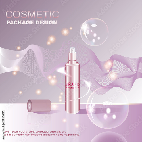 Skin toner ads template, glass bottle mockup for  or magazine. Transparent liquid drip on background. 3D illustration.