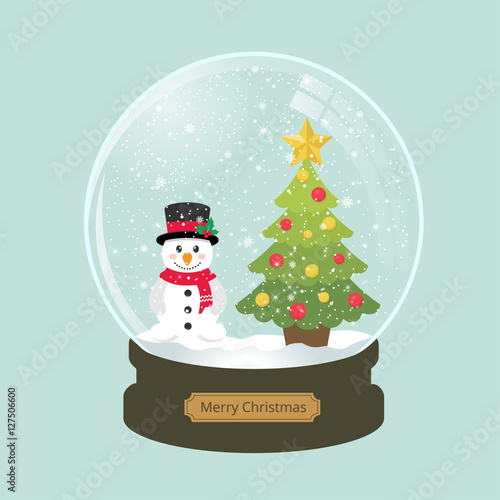 christmas snowglobe with fir tree and cute snowman