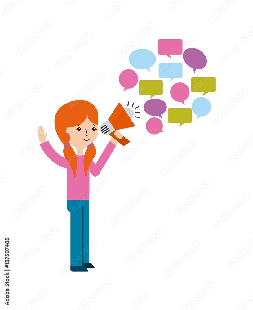 carton woman with speaker and colorful communication bubbles over white background. vector illustration