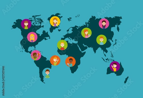 world map with people in colorful circles over blue background. vector illustraiton