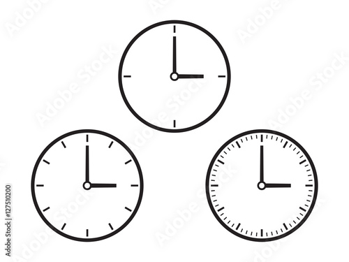 Three simple clock dials, grayscale on white background