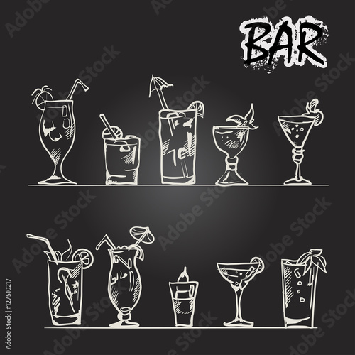 Vector set of cocktail glasses in the style of chalk on a blackboard