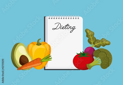 vegetables and padnote with dieting word over blue background. colorful design. vector illustration