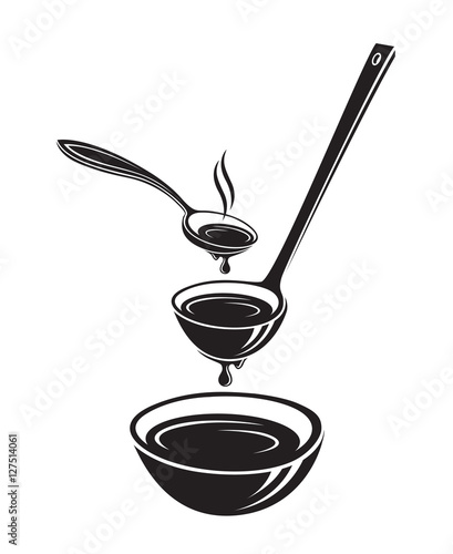 monochrome set of illustrations with spoon, soup ladle and dish 