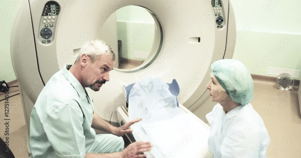 Doctor talks calms female patient before CT MRI scanning 4k video. Elderly woman listens to instructions before using medical equipment: computed tomography in diagnostic clinic Doctor talks calms female patient before CT MRI scanning 4k video. Elderly woman listens to instructions before using medical equipment: computed tomography in diagnostic clinic