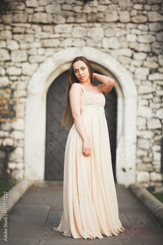 Young woman with long dress and hair posing in park near old gate