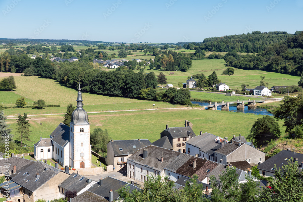 Aerial view of Chassepierre, picturesque village in Belgian Ardennes
