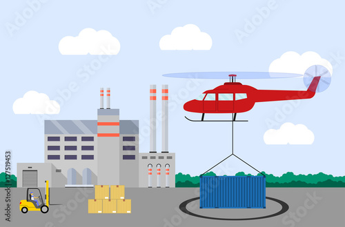 Fototapeta Naklejka Na Ścianę i Meble -  Helicopter carrying container. Air cargo transportation. Air transport cargo delivery concept. Flat style. Vector illustration.