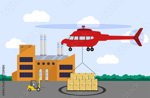 Helicopter carrying container. Air cargo transportation. Air transport cargo delivery concept. Flat style. Vector illustration.