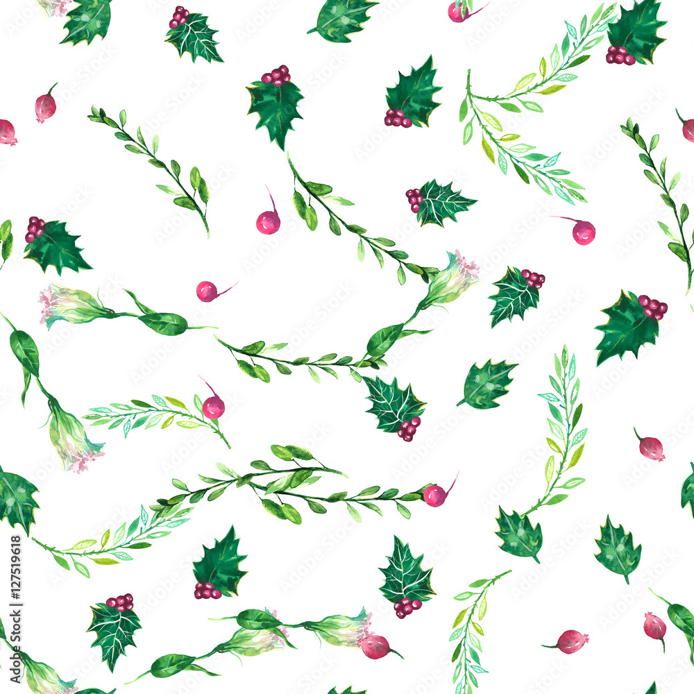 Fototapeta premium Christmas botanical watercolor pattern