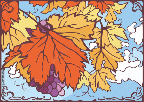 Bunch of autumn grape leaves and grapes, nice sunny day, clouded bright blue sky on the background. Vector eps 10 hand drawn illustration. Vintage, art nouveau, new art, stained glass style.
