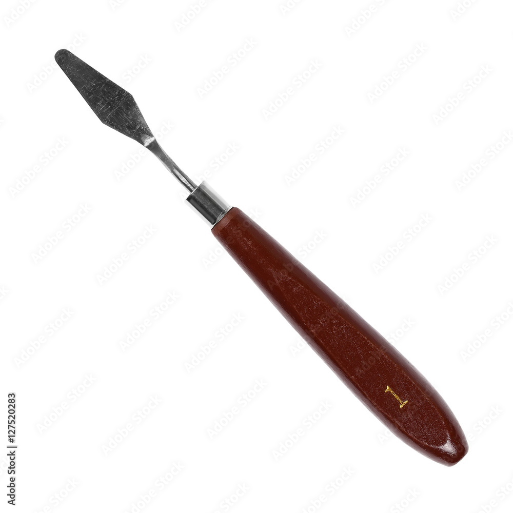 painting tools, metal spatula and brush isolated on white painting tools, metal spatula and brush isolated on white