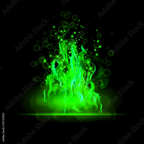 Realistic green fire flames. Poster. Abstract vector illustration