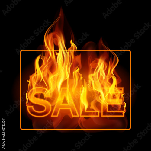 Hot sales billboard banner with glowing text in flames. Poster. Abstract vector illustration